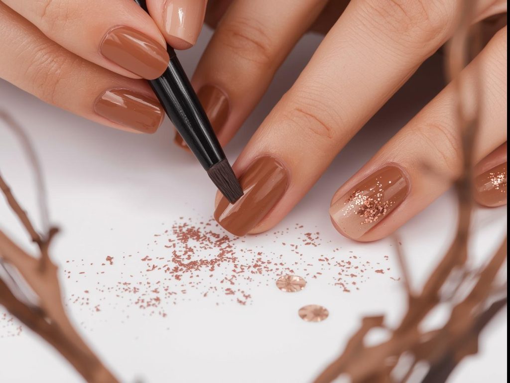 Brown Nail Designs: Warm and Pinterest-Worthy Manicures to Adore 8 Creating brown ombre nail art with bronze glitter sparkles.