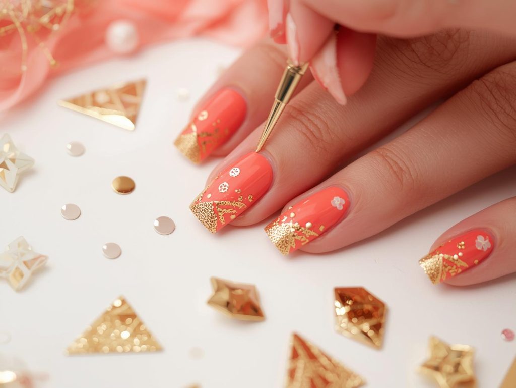  Creating vibrant coral gold geometric sticker nail art with gold geometric stickers.