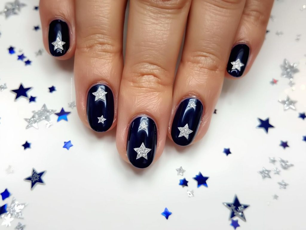 Creating deep navy silver star nail art with silver embellishments.