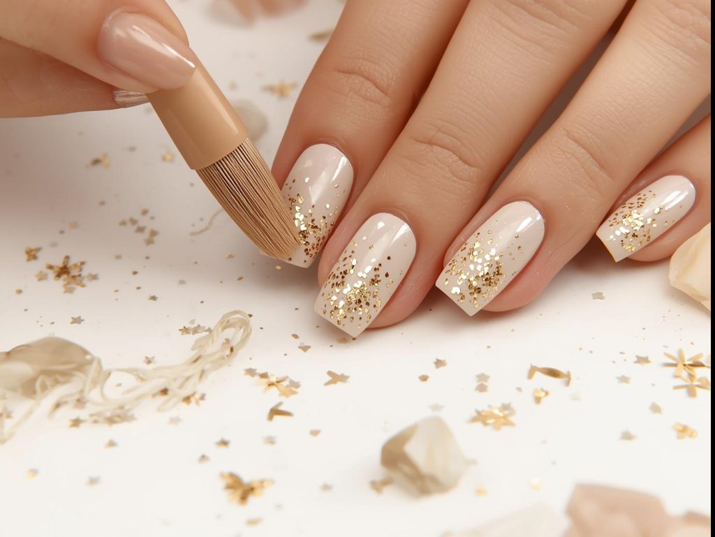 Beige Nail Designs: Elegant and Pinterest-Worthy Manicures to Adore 8 Creating beige ombre nail art with gold glitter speckles.