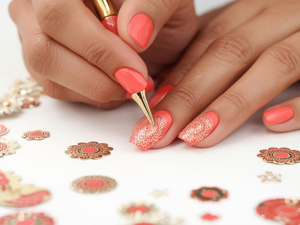 Creating vibrant coral gold mandala decal nail art with gold mandala decals.