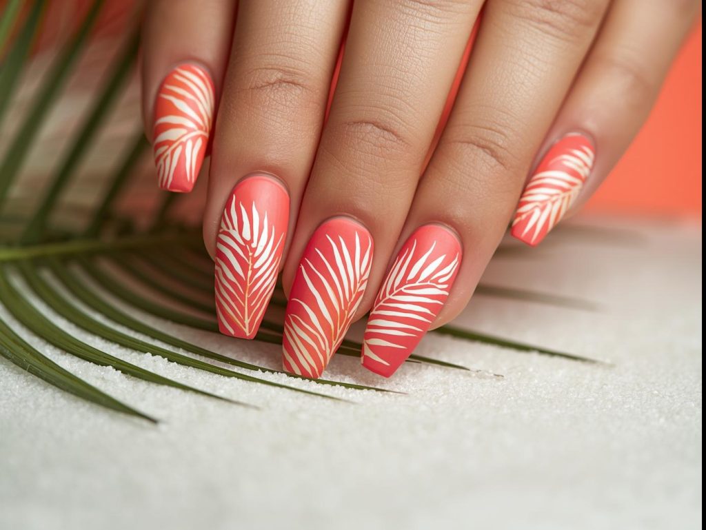Coral Nail Designs: Vibrant and Pinterest-Worthy Manicures to Adore 9 Bold coral tropical palm nail art with white designs.