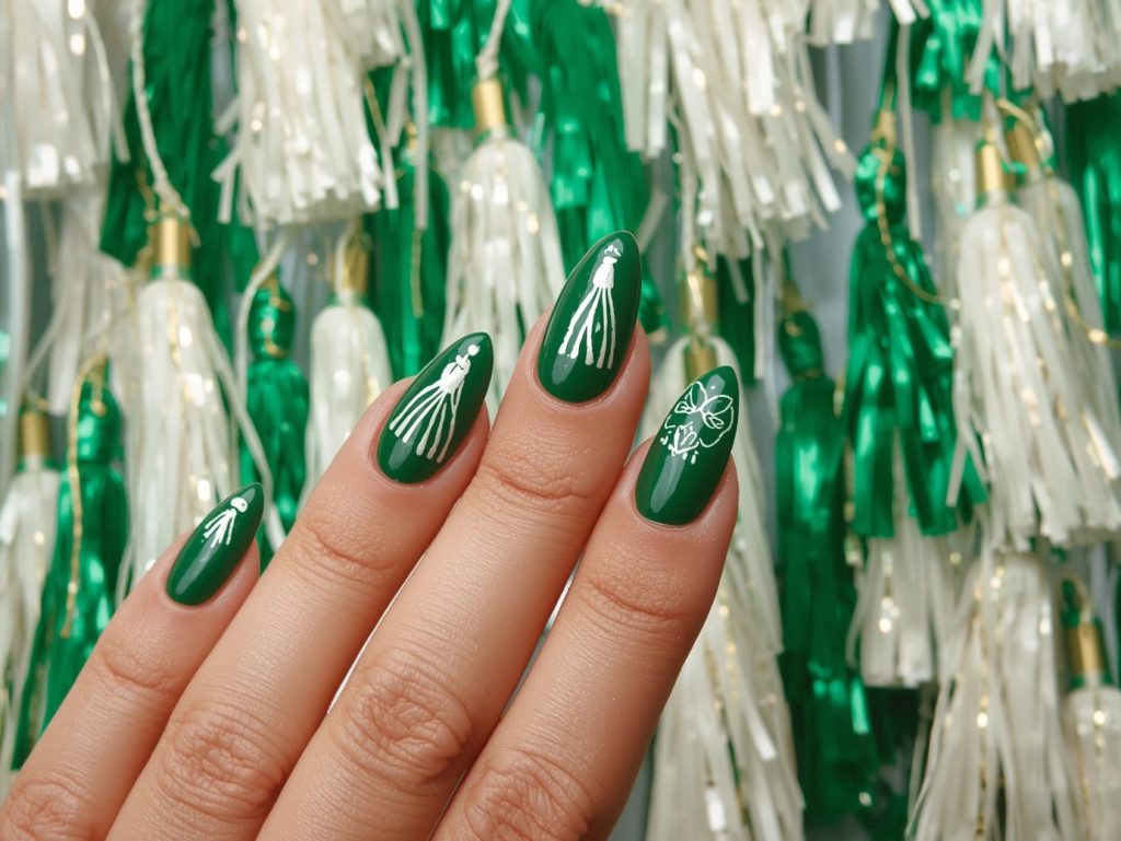 Glossy emerald white tassel nail art with white patterns.