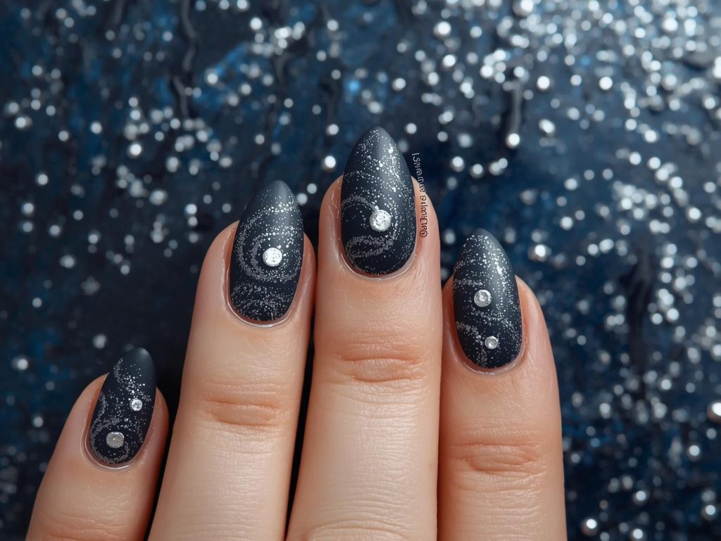 Matte navy silver galaxy hand painted nail art with silver swirls.