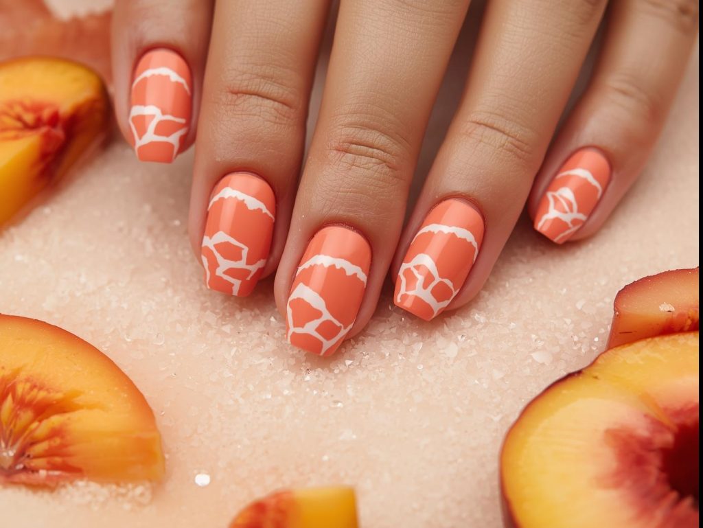 Vibrant peach geometric wave nail art with white patterns.