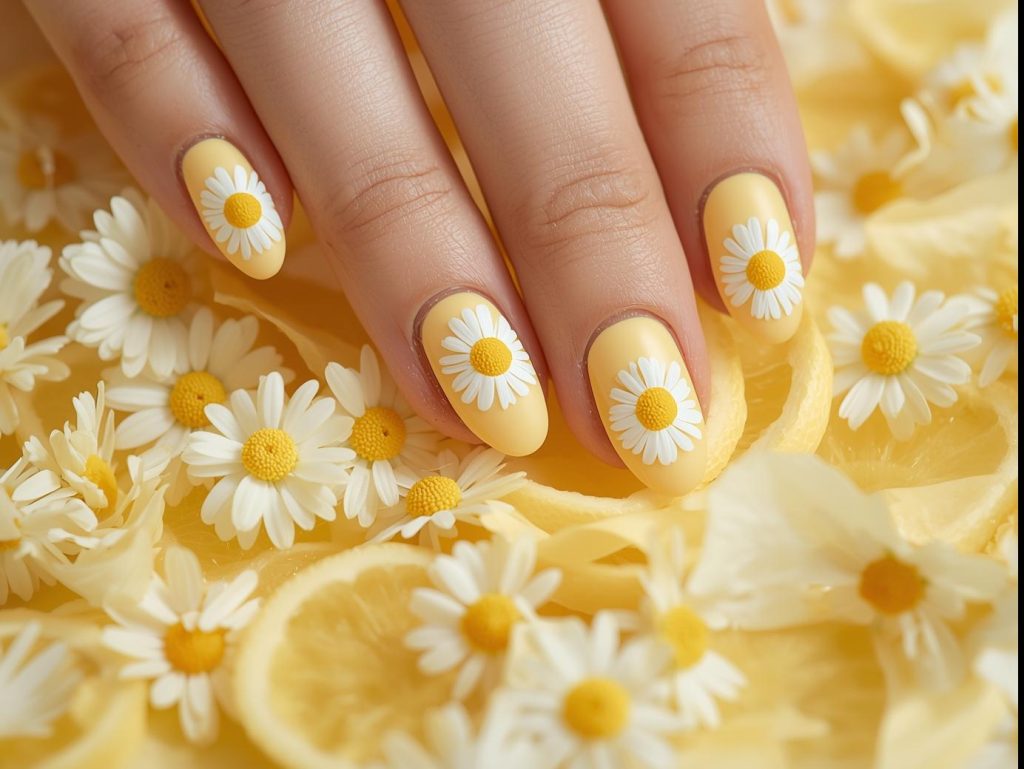Soft lemon yellow white daisy nail art with white patterns.