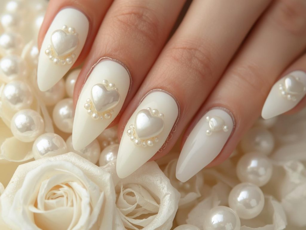 Mother's Day Nail Designs: Heartfelt and Pinterest-Worthy Manicures to Adore 9 Classic ivory pearl heart nail art with pearl embellishments.