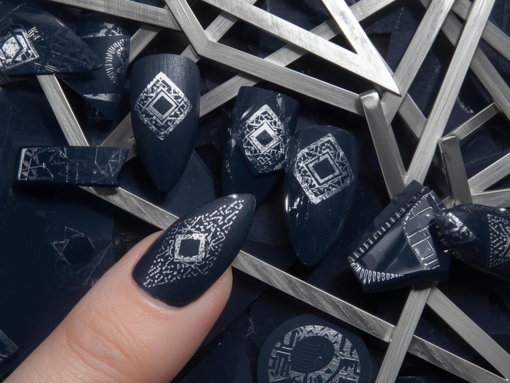  Matte navy silver geometric stamped nail art with silver stamps.