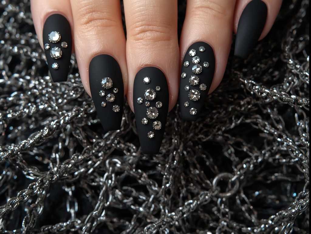 Bold black with silver rhinestone cluster nail art with matte finish.