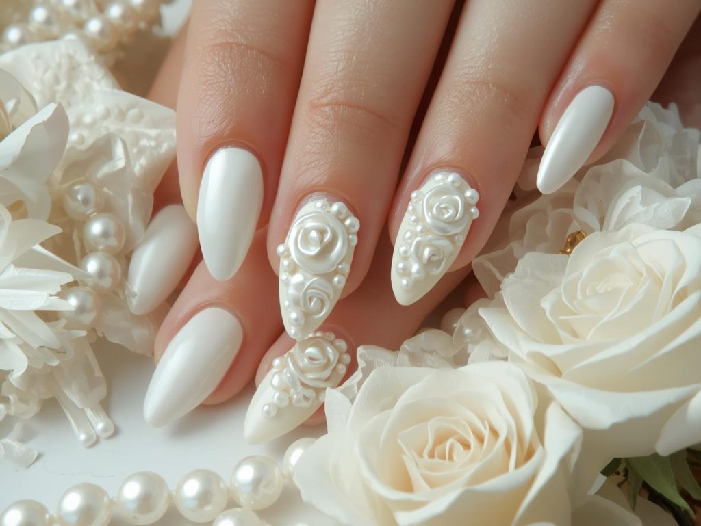 Classic white pearl rose nail art with pearl patterns.