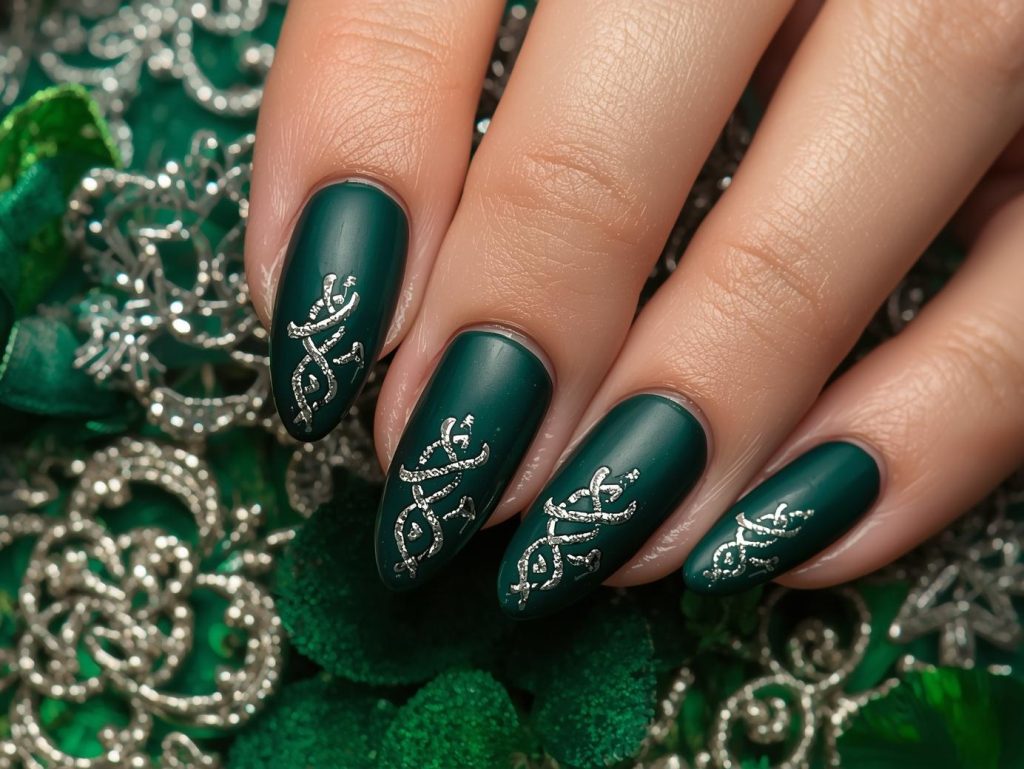 Deep forest green silver Celtic knot nail art with silver patterns.