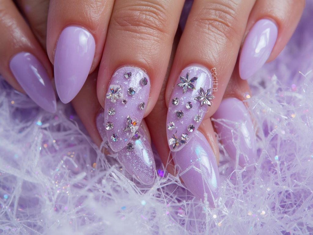  Soft lavender holographic gem DIY acrylic nail art with holographic embellishments.