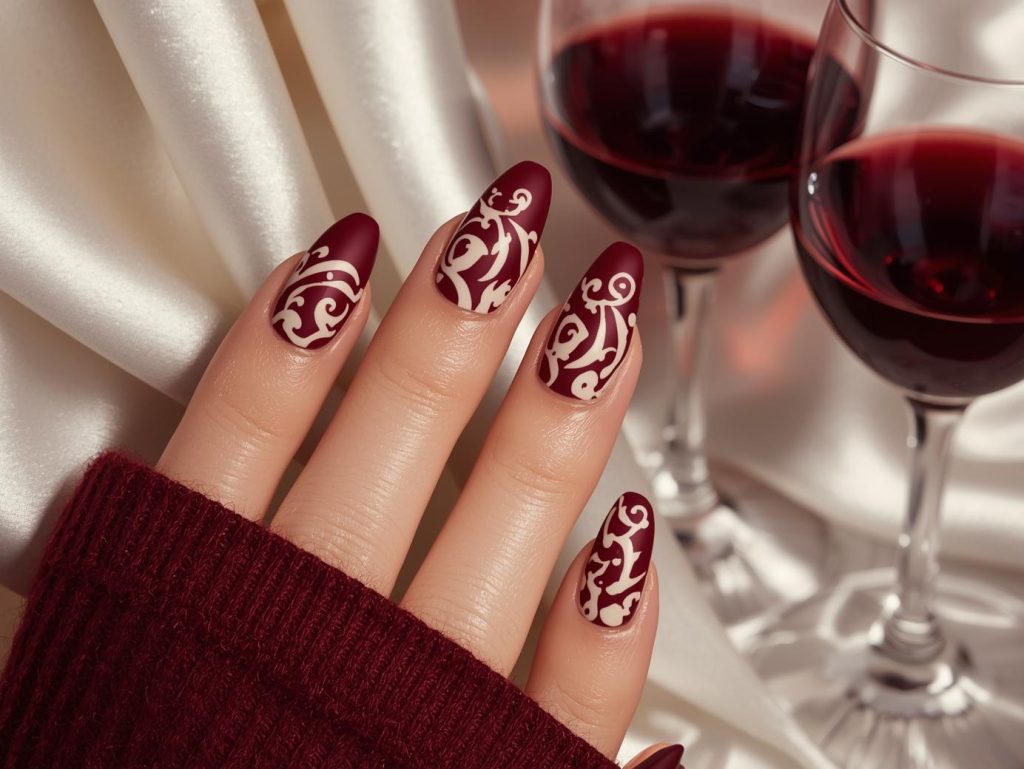  Rich burgundy creamy ivory swirl nail art with ivory patterns.