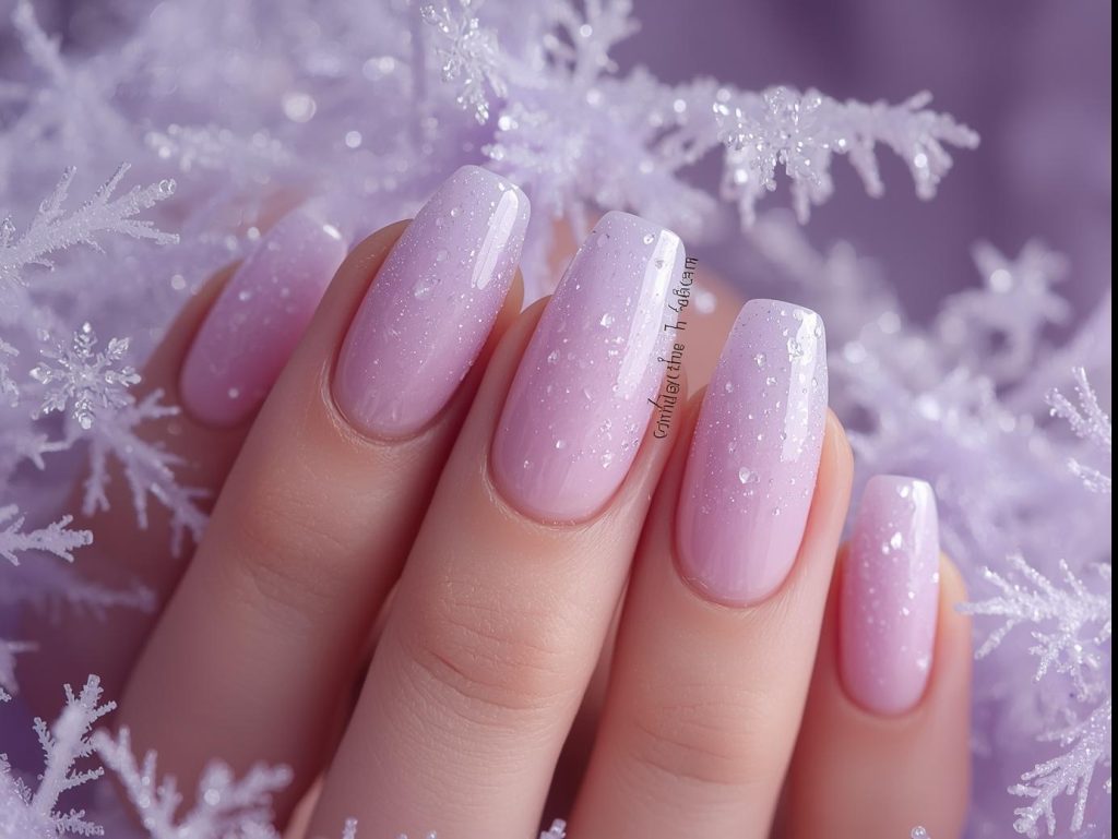 Soft lavender frosted nail art with glitter tips.