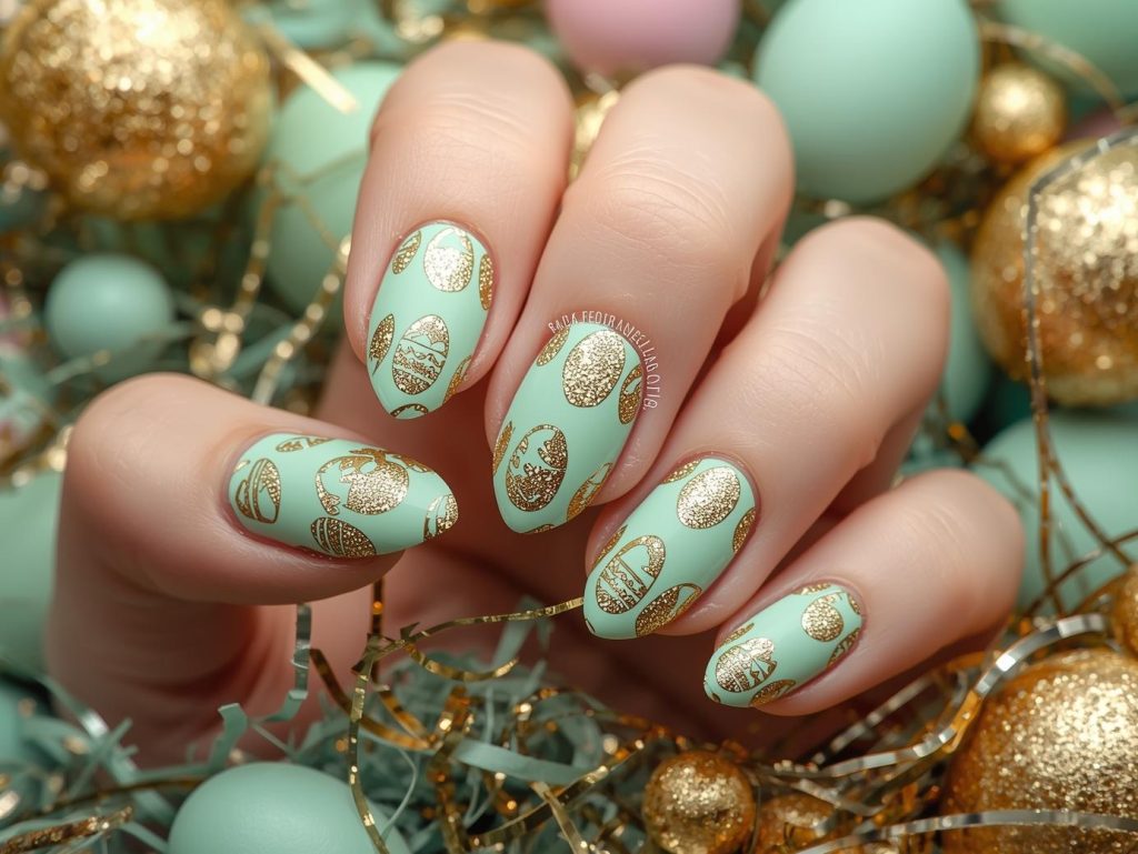 Easter Nail Designs: Playful and Pinterest-Worthy Manicures to Adore 9 Mint green gold glitter egg nail art with gold patterns.