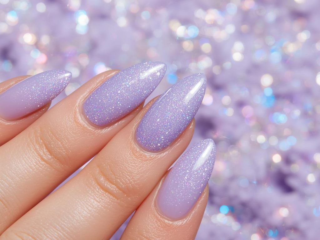 Soft lavender holographic shimmer dip powder nail art with holographic finish