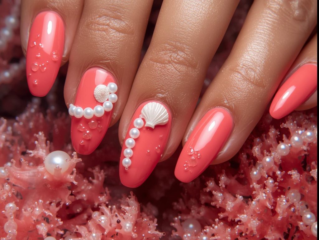 Mermaid Nail Designs: Enchanting and Pinterest-Worthy Manicures to Adore 9 Glossy coral mermaid nail art with seashell embellishments.