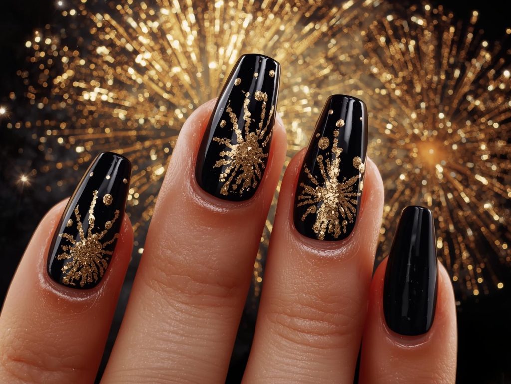 Glossy black gold glitter firework nail art with gold patterns.