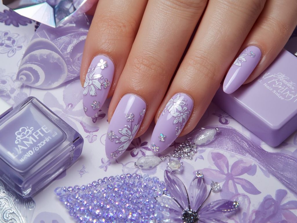  Soft lavender holographic floral press on nail art with holographic patterns.