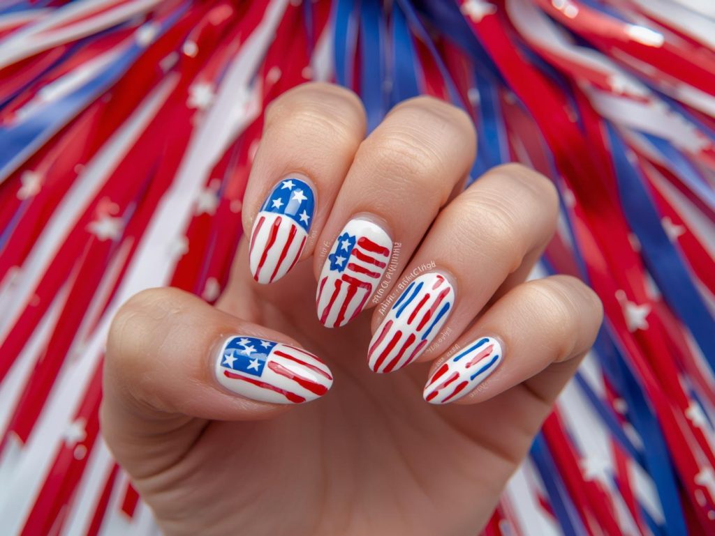 Glossy white red and blue stripe nail art with stripe patterns.