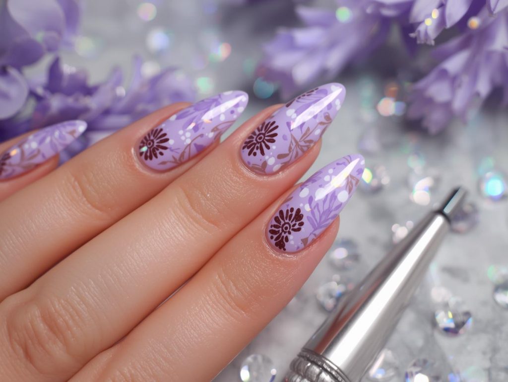 Nail Salon Inspiration: Stunning and Pinterest-Worthy Manicures to Adore 9 Soft lavender holographic floral decal nail salon art with holographic decals.