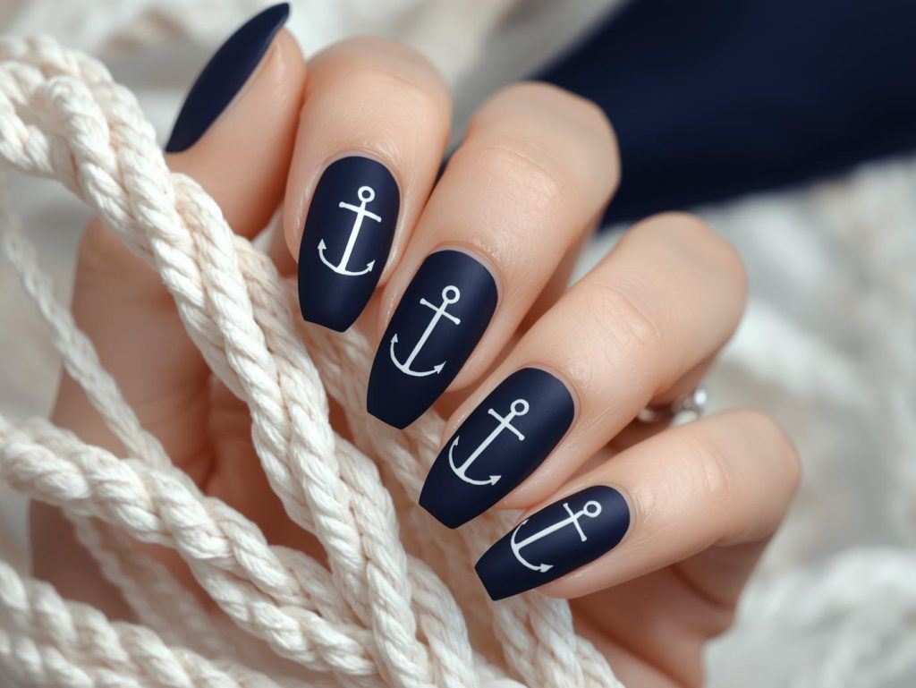 Navy Nail Designs: Bold and Pinterest-Worthy Manicures to Adore 9 Deep navy white minimalist anchor nail art with white patterns.