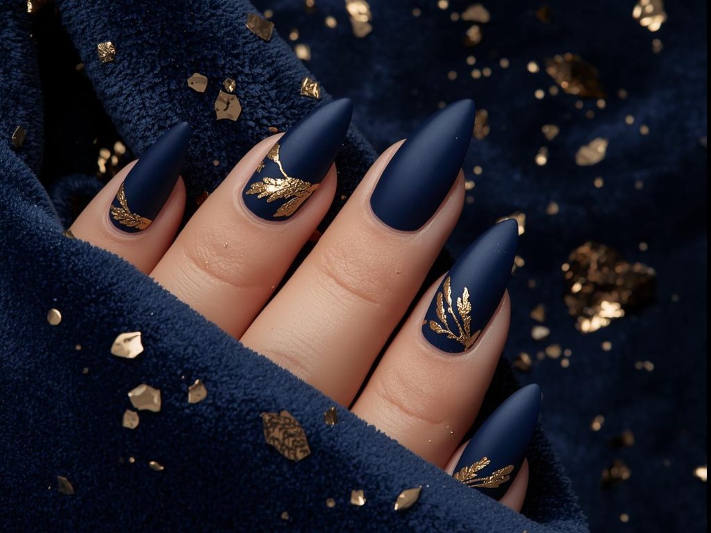 Velvet Nail Designs: Luxurious and Pinterest-Worthy Manicures to Obsess Over 9 Luxurious navy velvet nail art with gold foil accents