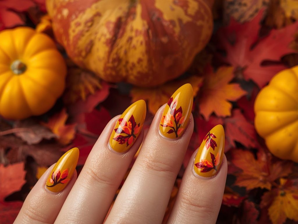 Fall Leaves Nail Art: Cozy and Pinterest-Worthy Manicures to Adore 9 Olive green copper acorn nail art with copper patterns.