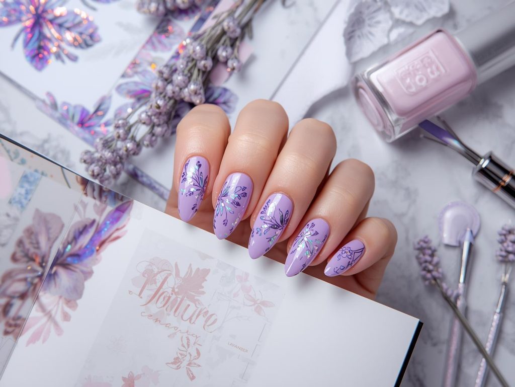 Soft lavender holographic floral stamped nail art in a nail artist portfolio.