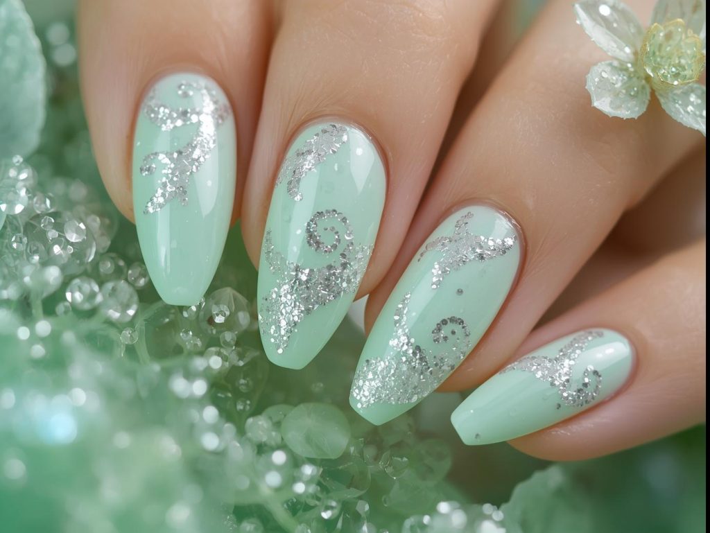 Soft mint green fairy nail art with glittery sparkle swirls.