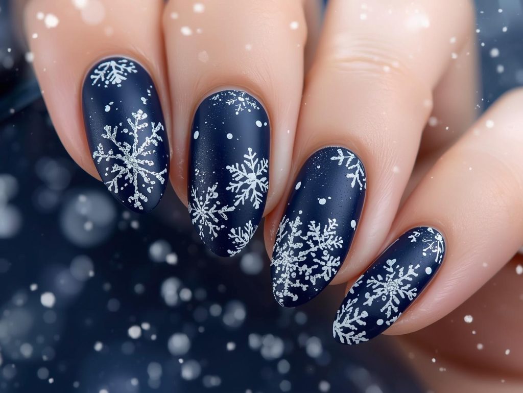 Snowflake Nail Designs: Wintry and Pinterest-Worthy Manicures to Adore 9 Deep navy white glitter snowflake nail art with white glitter patterns.