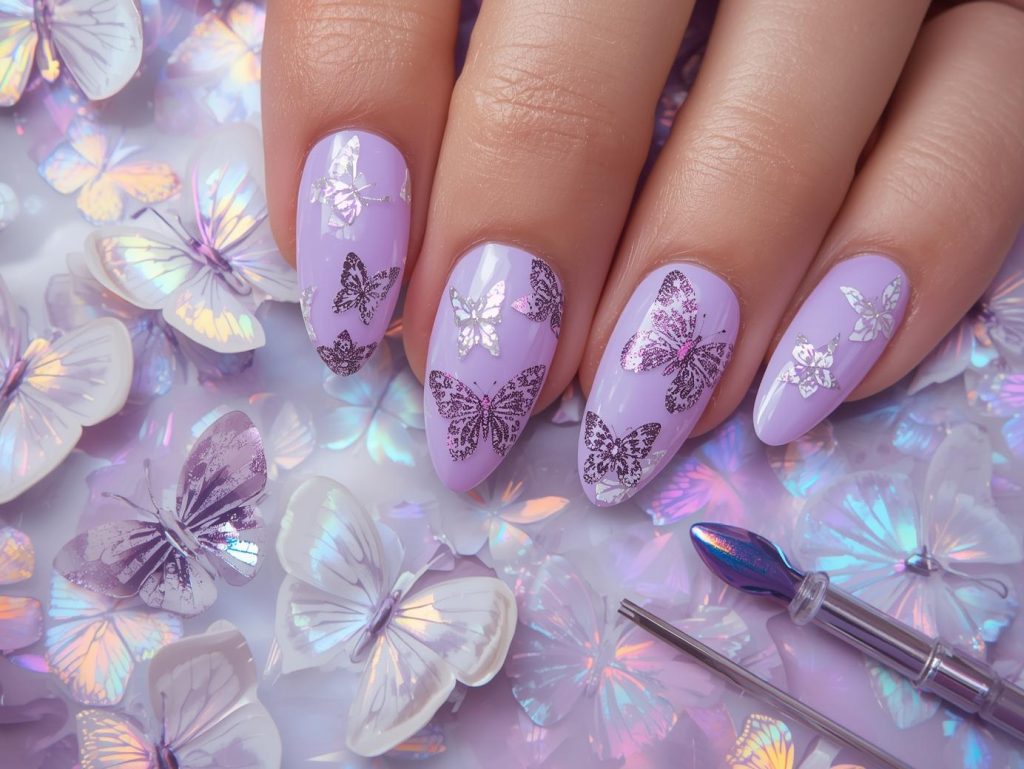 Soft lavender holographic butterfly manicure with holographic decals.