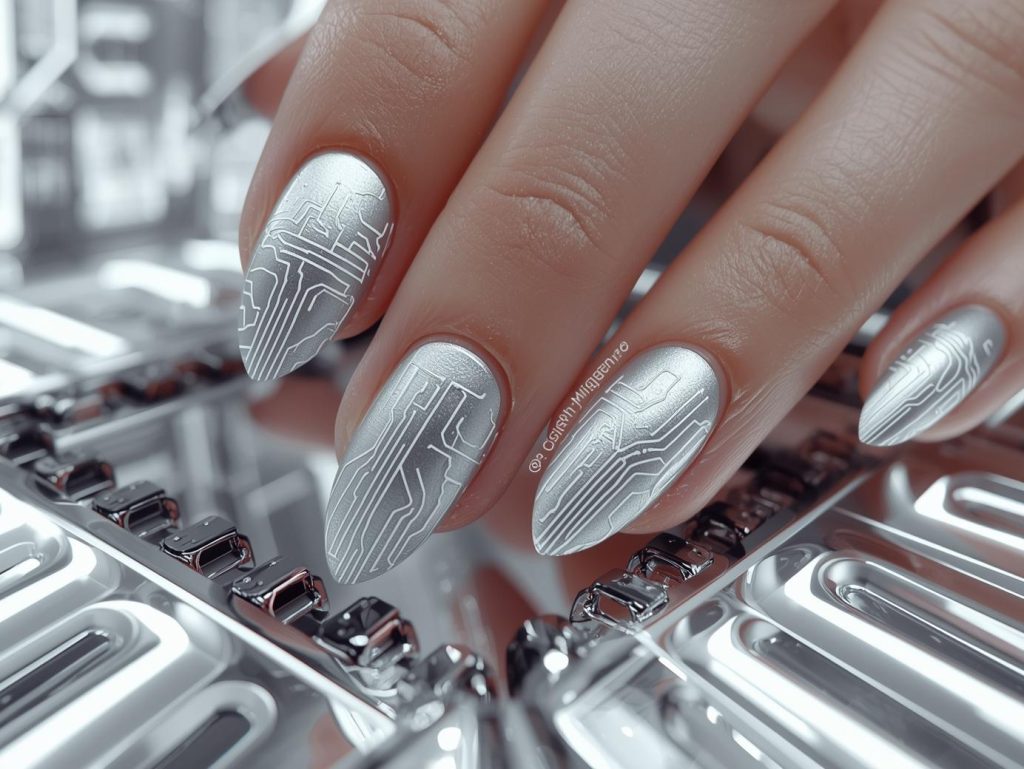 Metallic Silver Nail Designs: Sleek and Pinterest-Worthy Manicures to Adore 9 Polished silver white minimalist circuit nail art with white patterns.