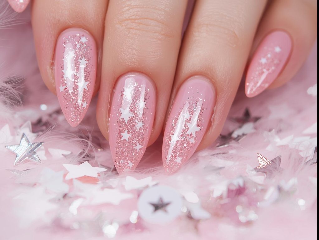 Soft pink unicorn nail art with glittery star bursts.