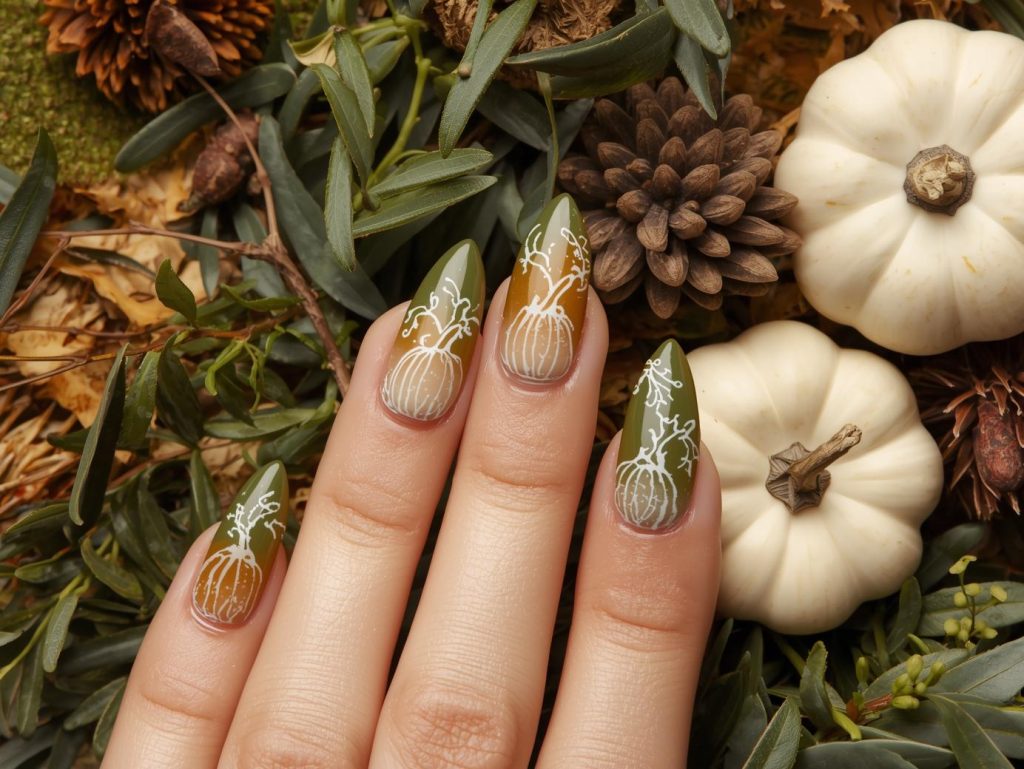 Olive green ombre white pumpkin nail art with white patterns.