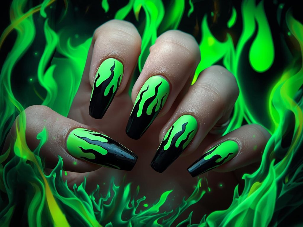 Neon green black flame nail art with black patterns.