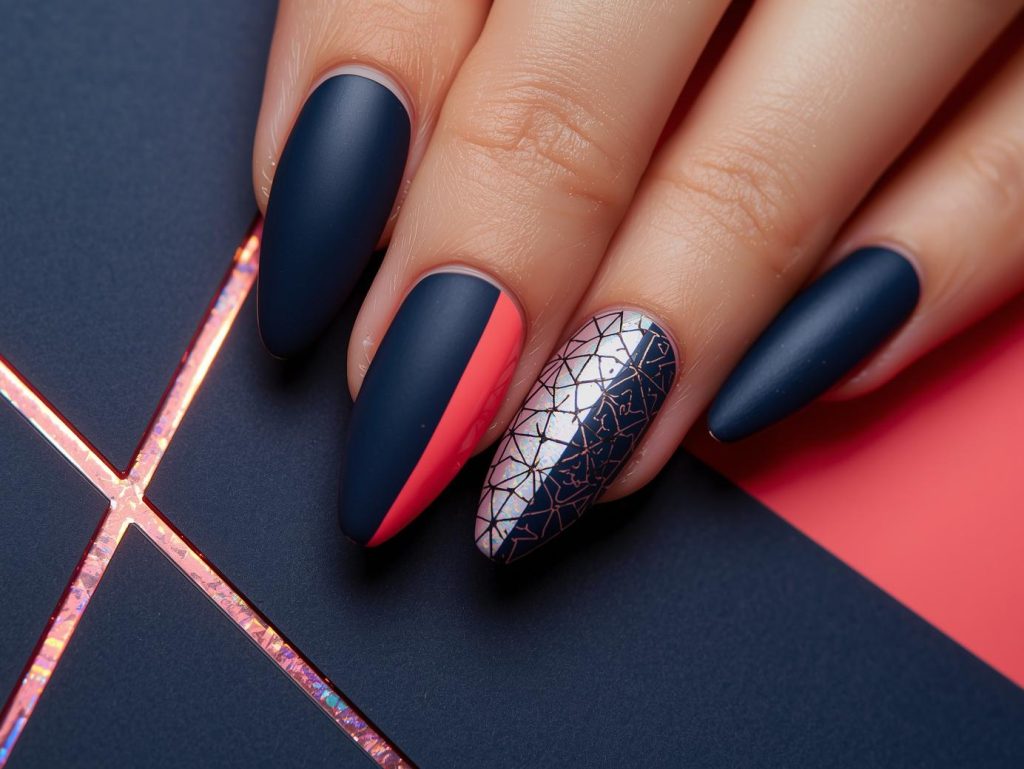 Matte navy and coral color block nail art with holographic patterns.