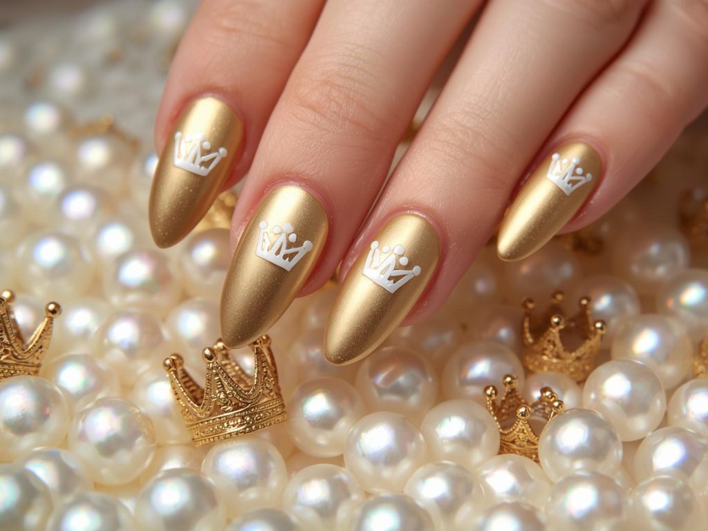 Metallic Gold Nail Designs: Opulent and Pinterest-Worthy Manicures to Adore 9 Polished gold white minimalist crown nail art with white patterns.