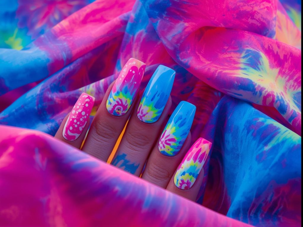 Colorful Nail Designs: Vibrant and Pinterest-Worthy Manicures to Obsess Over 9 Swirling tie-dye colorful nail art with electric blue, pink, and yellow swirls.