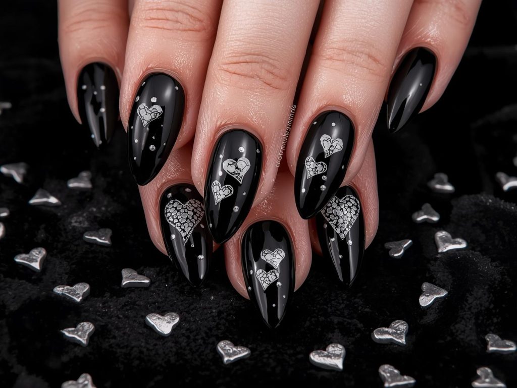 Heart Nail Designs: Romantic and Pinterest-Worthy Manicures to Adore 9 Glossy black silver heart nail art with silver patterns.