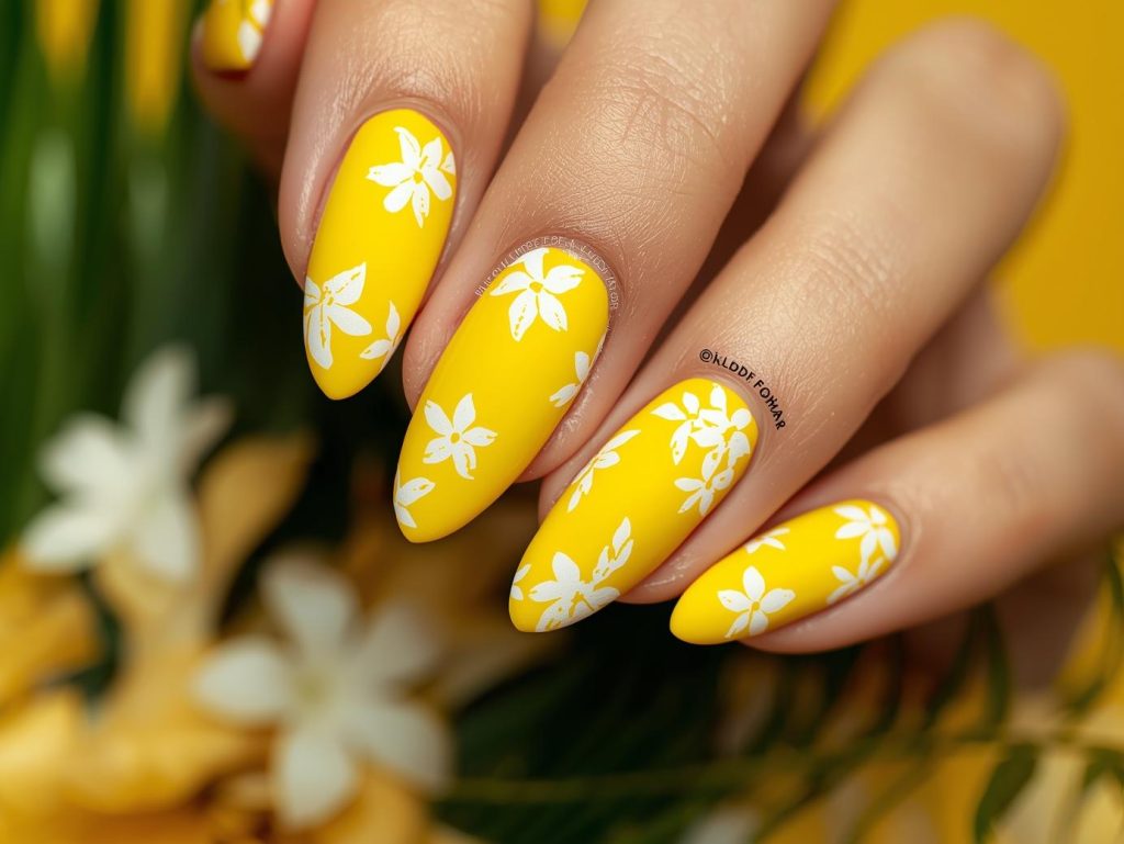Electric yellow white tropical flower nail art with white patterns.