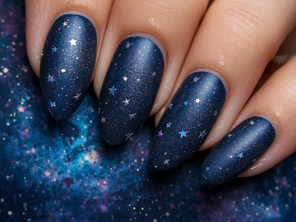  Deep navy holographic star nail art with holographic patterns.