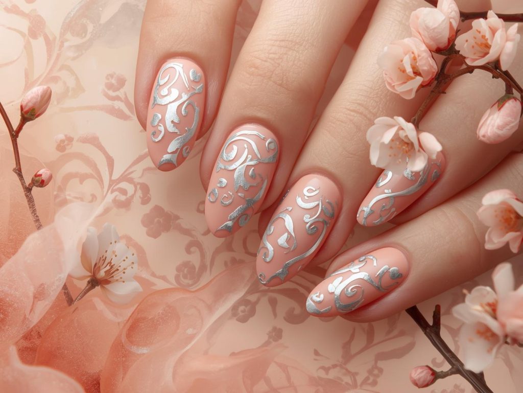Soft peach silver swirl nail art with silver patterns.