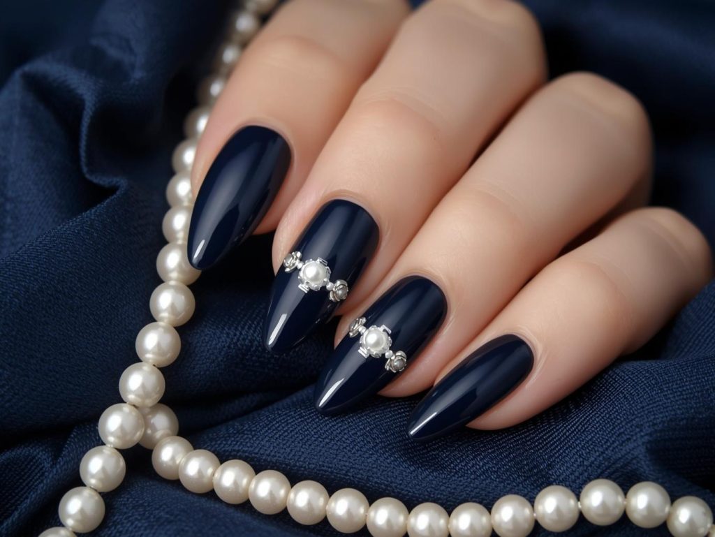 Classy Nail Designs: Elegant and Pinterest-Worthy Manicures to Adore 9 Deep navy pearl embellishment nail art with pearl accents.