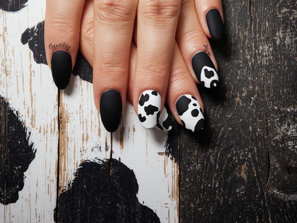 Cow Print Nail Designs: Playful and Pinterest-Worthy Manicures to Adore 9 Matte black white cow nail art with white accents.