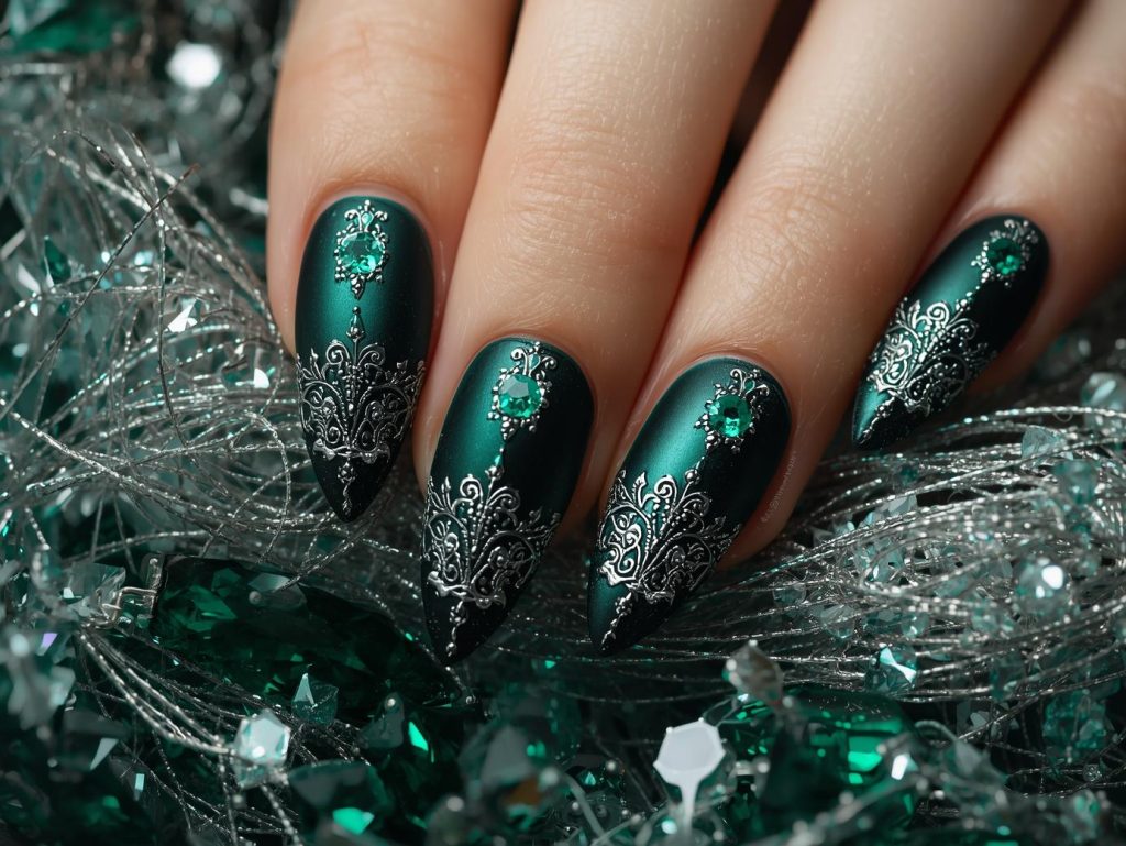Deep emerald silver filigree nail art with silver patterns.