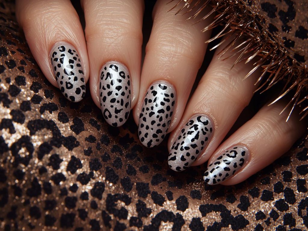 Glossy taupe silver leopard nail art with silver patterns.
