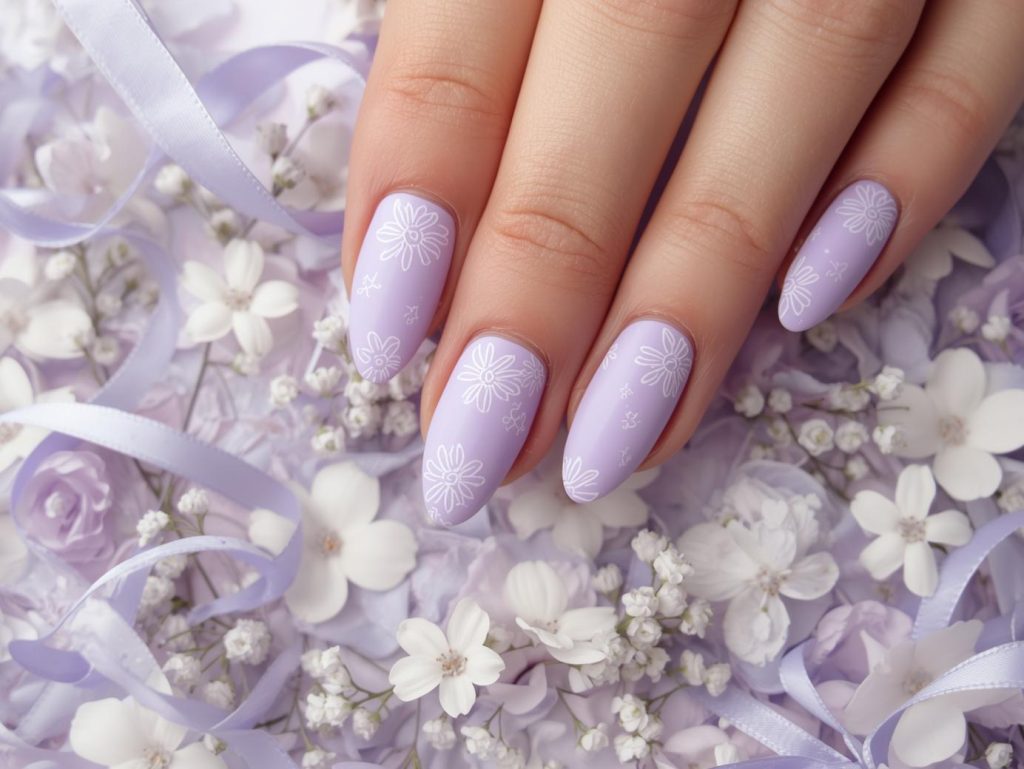 Soft Girl Nail Designs: Dreamy and Pinterest-Worthy Manicures to Adore 9 Soft lavender white floral doodle nail art with white patterns.