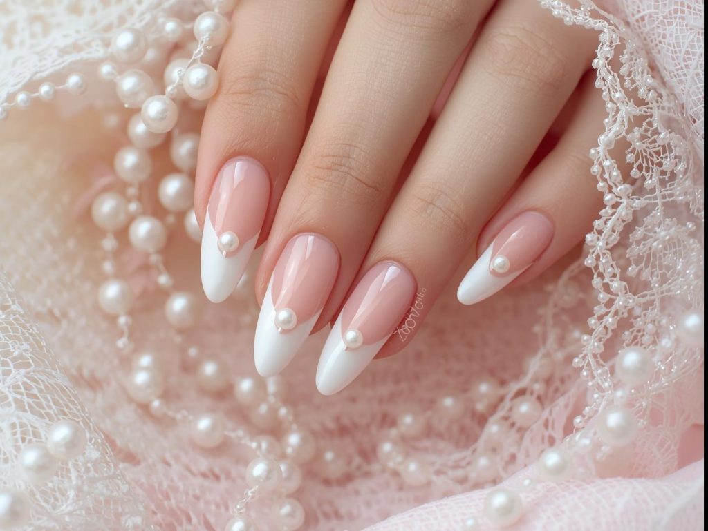 White French tip nail art with delicate pearl embellishments