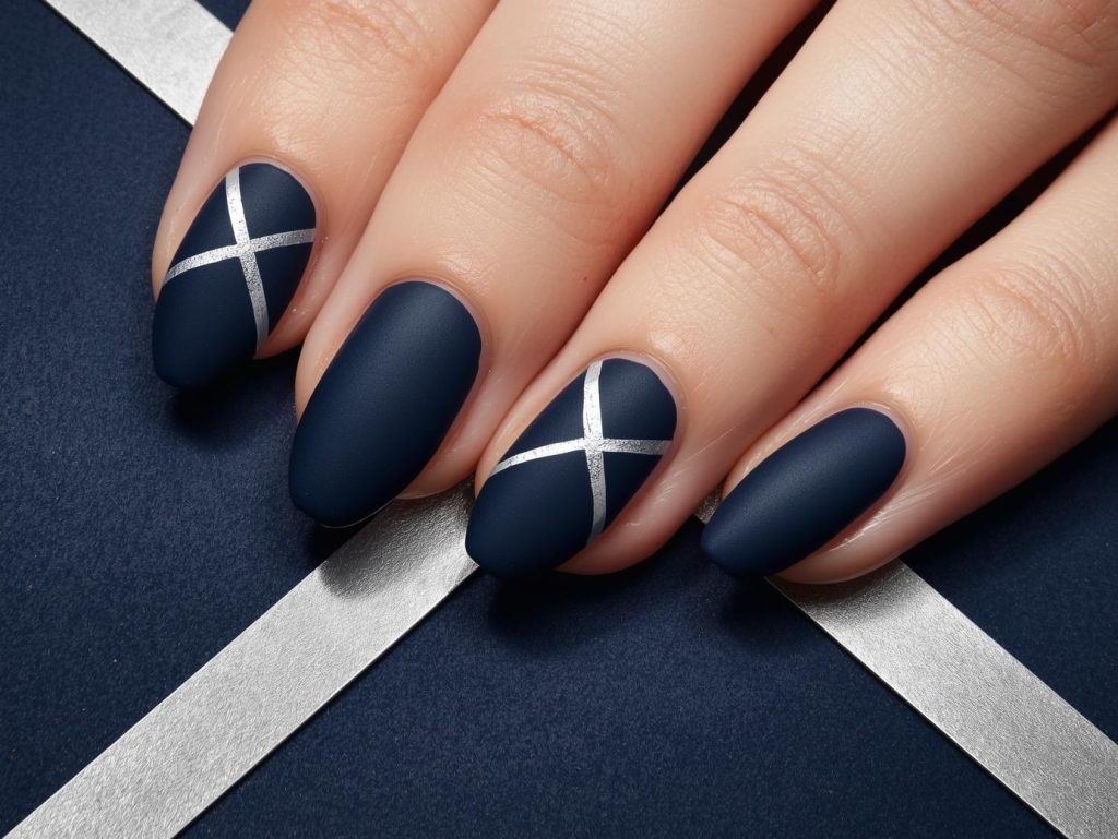 Matte navy silver striped nail art with silver patterns.